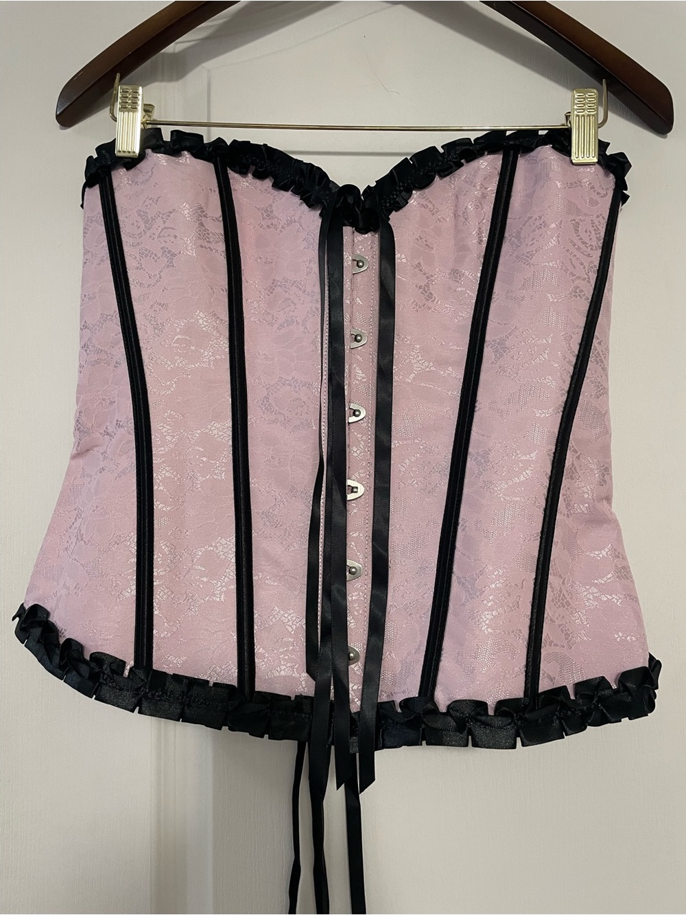 Pink Lace Corset Top with Black Trim, Size 2XL